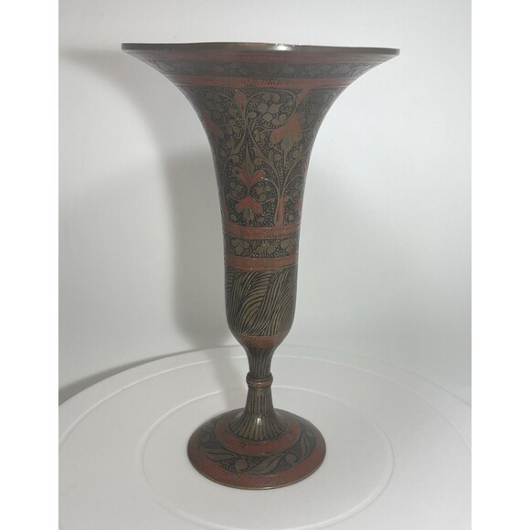 Unknown Other - Vtg Indian Brass Trumpet Vase Hand Etched Champleve Enamel Red Black India 557
